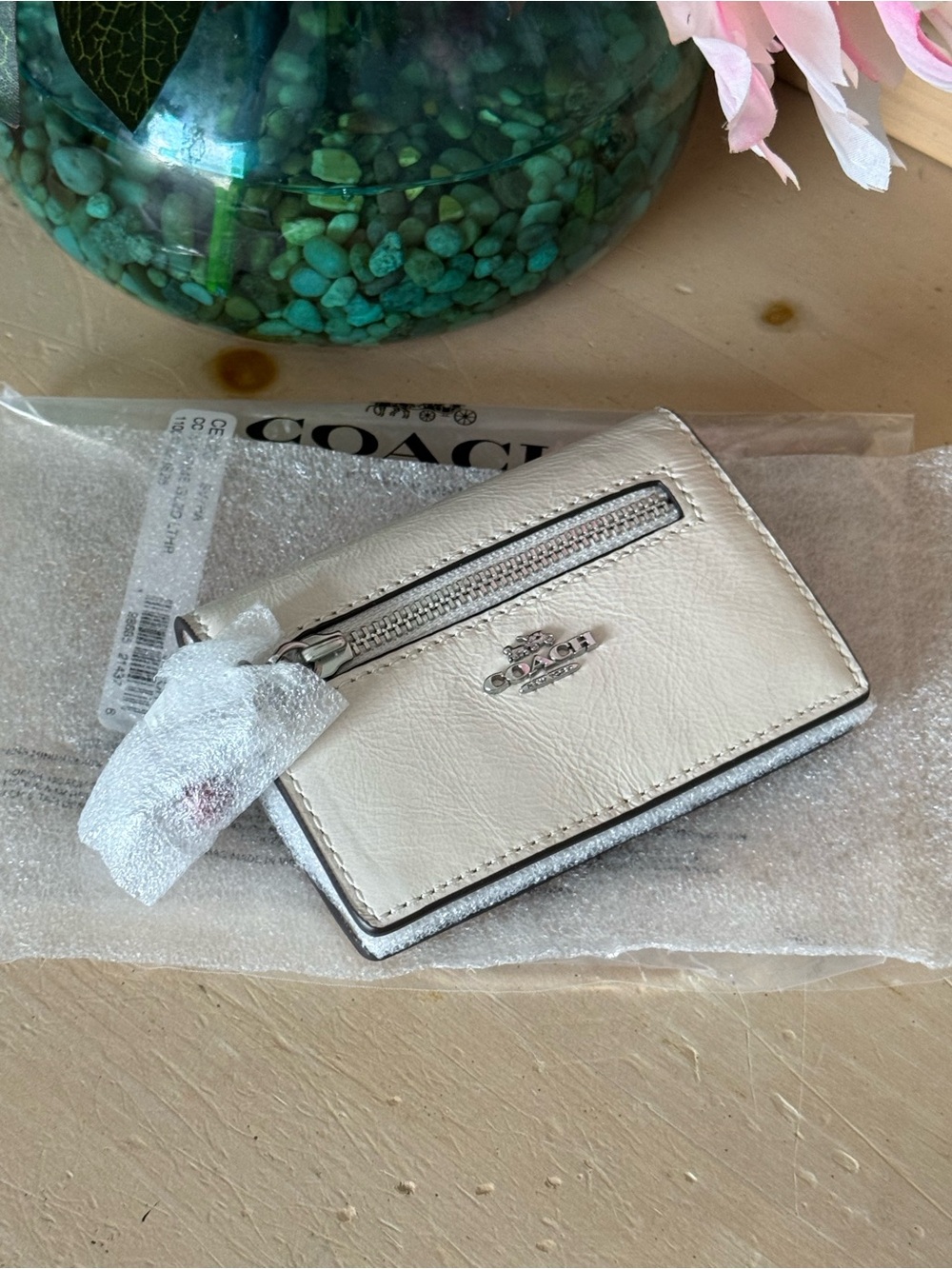COACH White Leather Card Case with Zip Pocket (silver/chalk) NWT